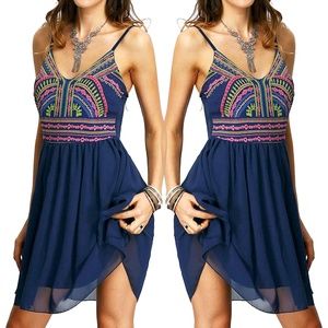 Tribal Print Navy Chiffon Fit & Flare Dress NWOT